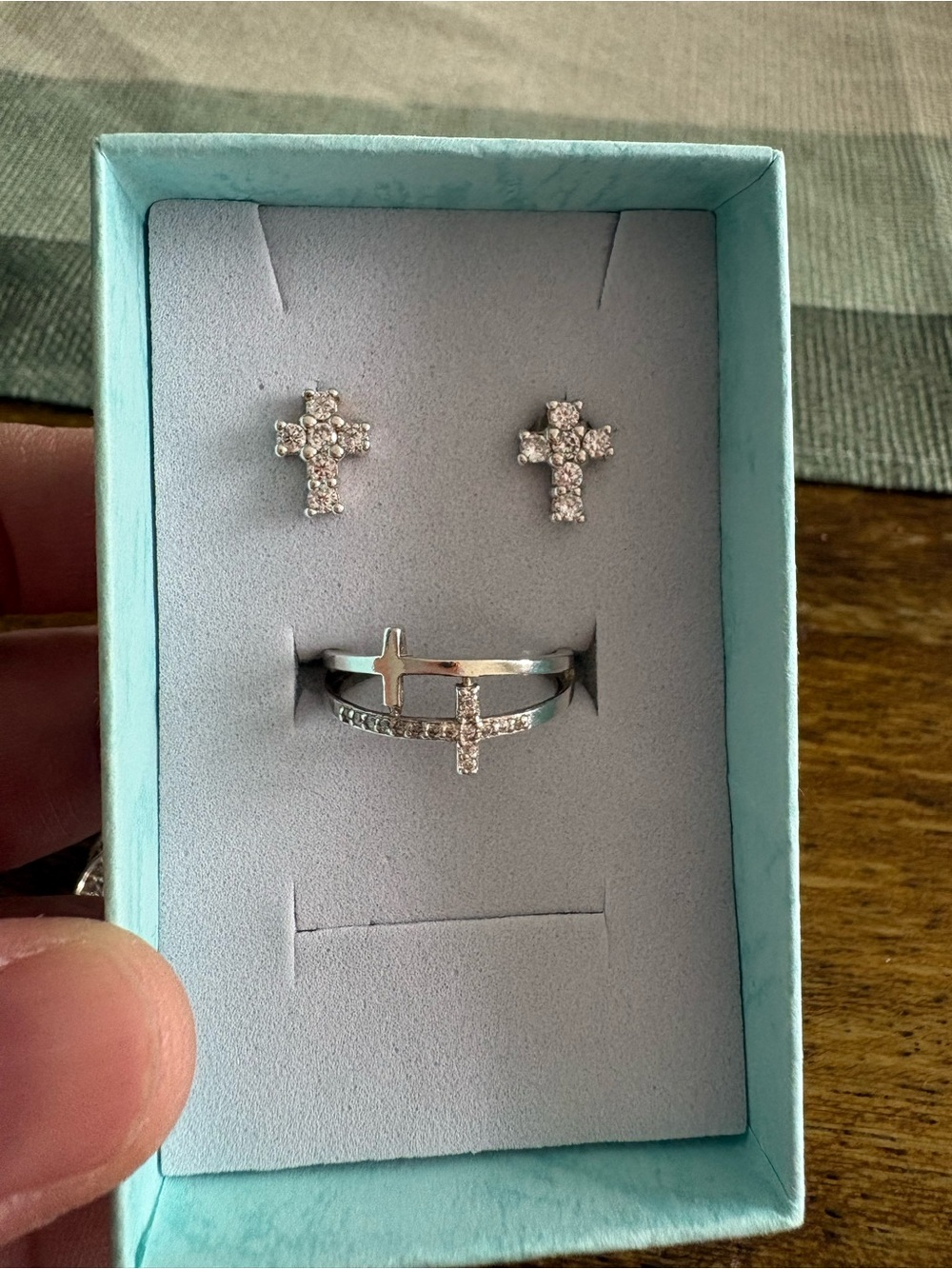 Sterling Silver 925 Cross Ring and Stud Earrings Set in White
